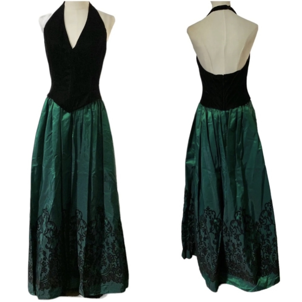 Vintage 90s Jessica McClintock Formal ballgown Taffeta Velvet Corset Halter 14